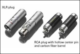 XLR plug/RCA plug with hollow center pin and carbon fiber barrel