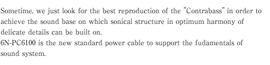 Sometime, we just look for the best reproduction of the "Contrabass" in order to achieve the sound base on which sonical structure in optimum harmony of delicate details can be built on.
6N-PC6100 is the new standard power  cable to support the fudamentals of sound system.